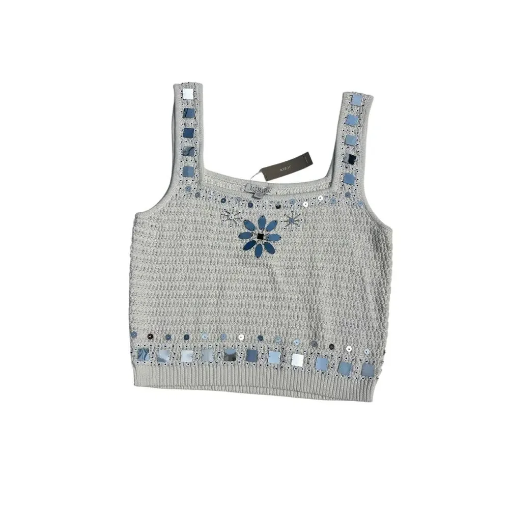 J Crew Knit Sweater Tank Hand Embellished Mirrors Square Neck White L